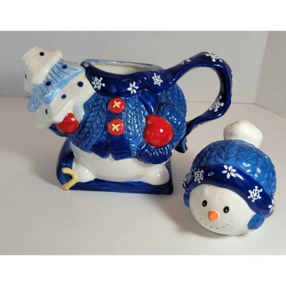 Ceramic Snowman Wearing Sweater Christmas Decorative Teapot Homespun Holiday. - Picture 7 of 12